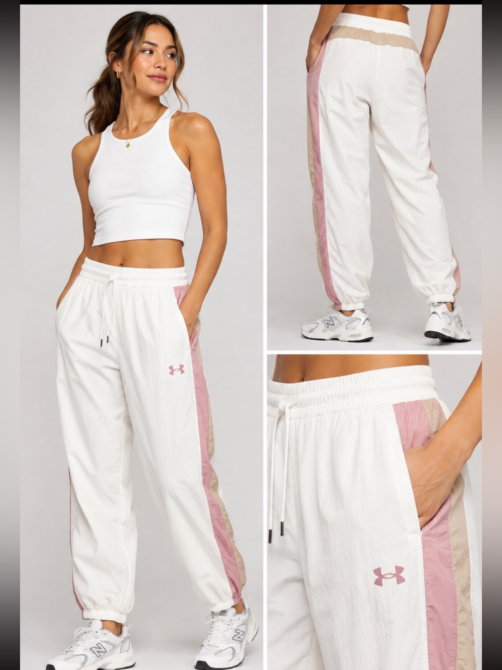 #649 Under Armour Icon Crinkle Woven Pants White Pink Khaki XL EUC